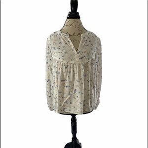 Lucky Brand Sz M Blue Floral Long Sleeved Peasant Blouse